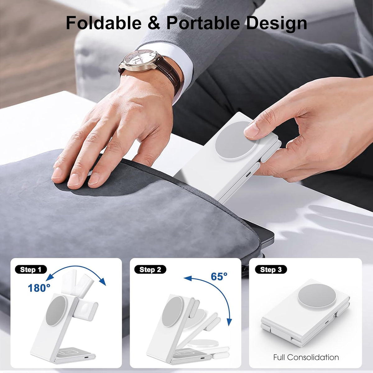 Wireless Charging Station with 20W USB C Adapter, 3 in 1 Magnetic Foldable Travel Charger Stand for iPhone 16 15 14 13 12 Series, Compatible with Apple Watch 10/9/8/7/6/5/4/3/2/SE/Ultra 2/Airpods 4