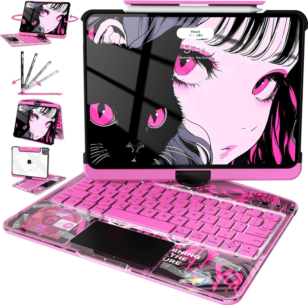 Intermerge for iPad 9th 10.2 inch Keyboard Case, 360° Transparent Multi-Touch Trackpad, 7-Color Backlit Keyboard, Pencil Holder, Type-C, Power Indicator for 9th/ 8th/ 7th - Blush Pulse