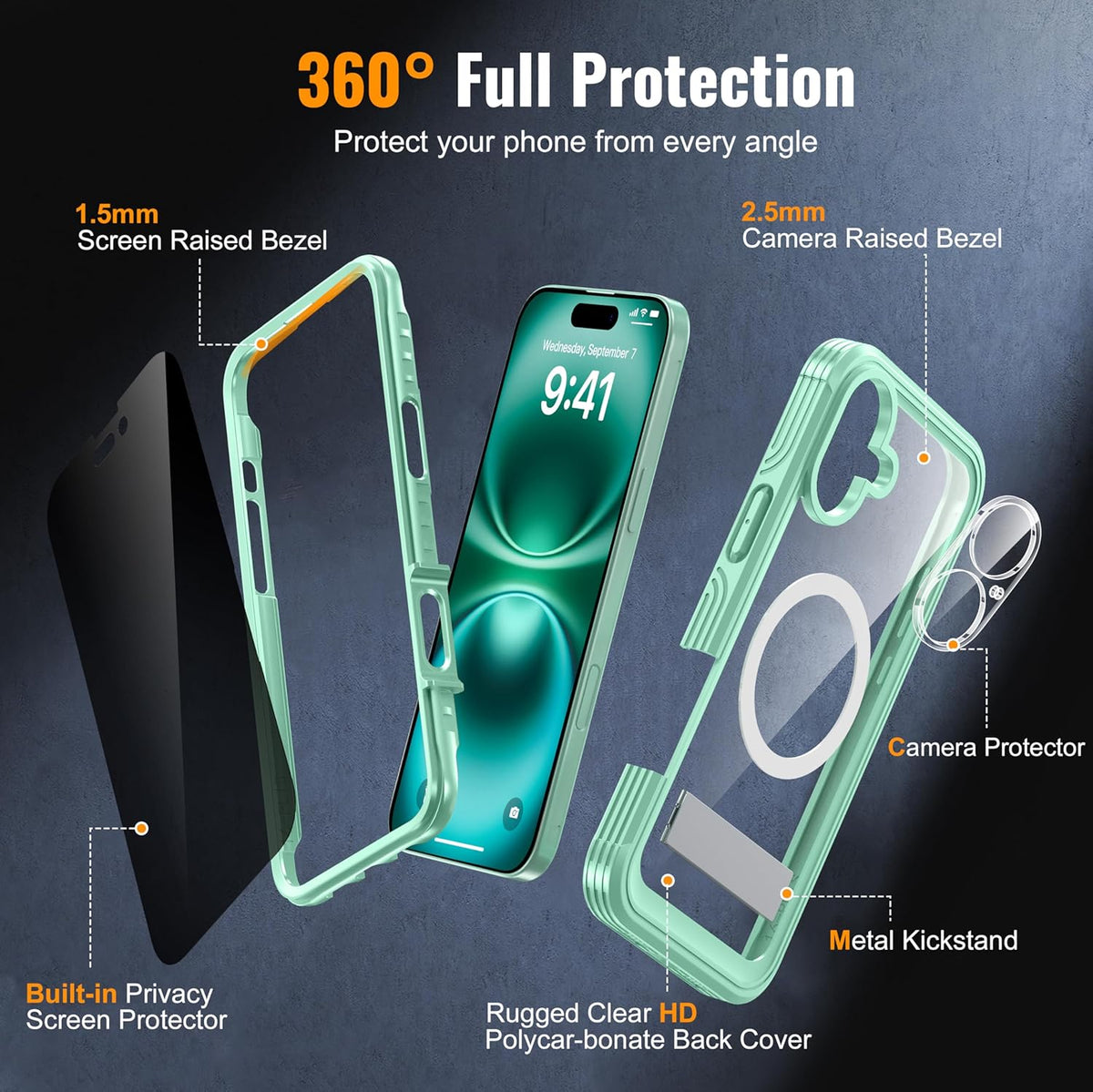 360° Protection Magnetic for iPhone 16 Case Built-in 9H Privacy Screen Protector & Metal Stand[Fit for Magsafe][Anti-Spy][Lens Protector] Heavy Duty Shockproof Phone Case for iPhone 16(Green)