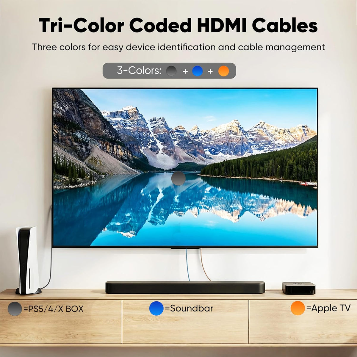 4K 3FT 3-Pack(Tri-Color), 18Gbps 2.0 4K@60Hz 2K@240Hz, HDR10, Dolby, 2.2 PS5, HDMI Cable High Speed HDMI Cable