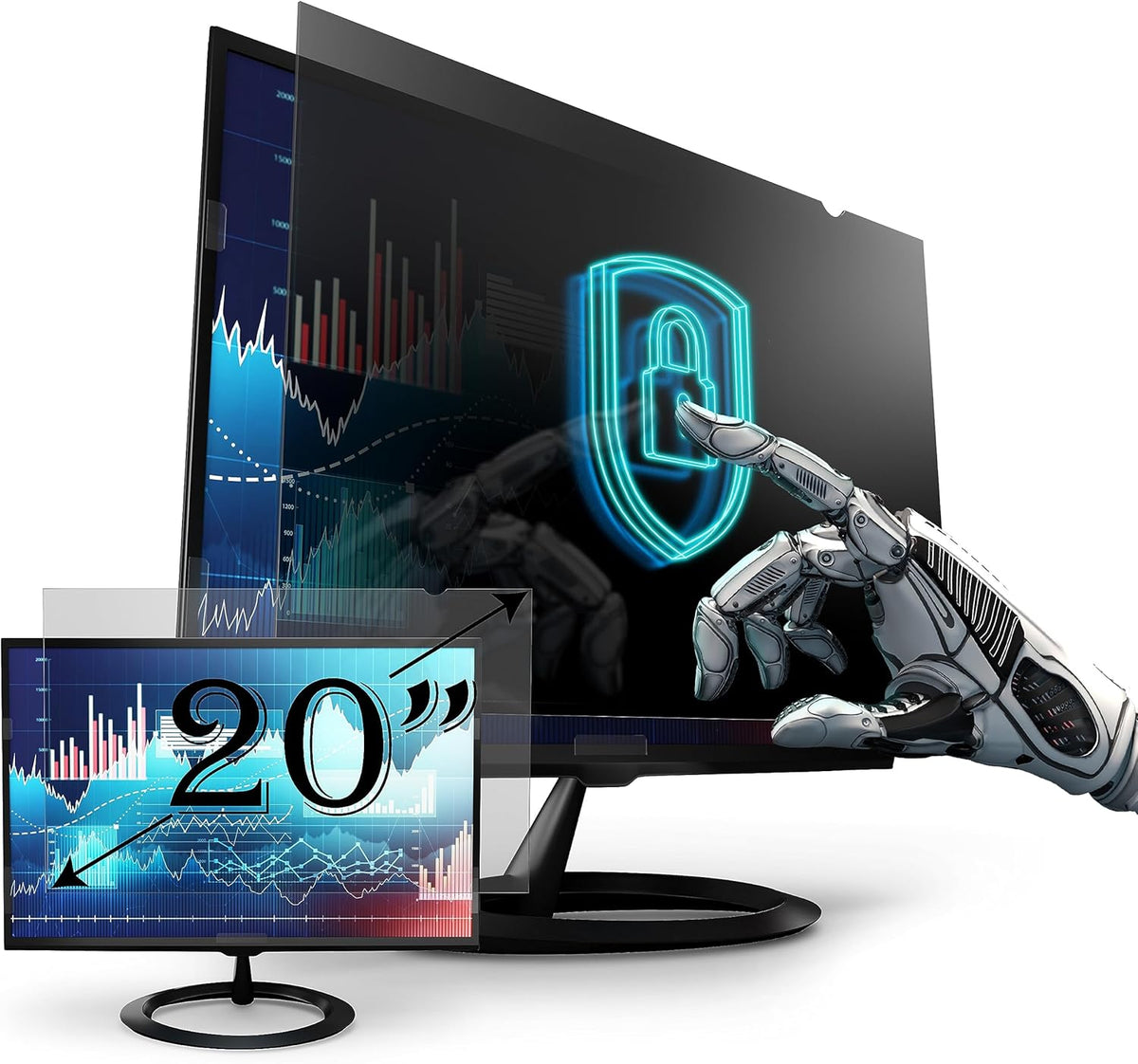Premium Privacy Screen Filter for 20 Inches Desktop Computer Monitor. Screen Protector size is 17.4 inch width x 9.8 inch height. Anti Glare and Anti Blue Light Protection