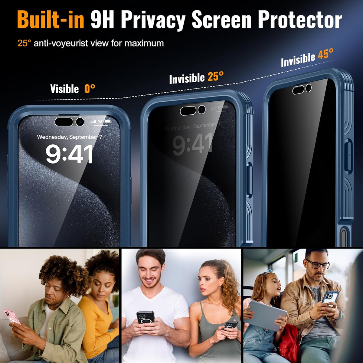 360° Protection Magnetic for iPhone 16 Case Built-in 9H Privacy Screen Protector & Metal Stand[Fit for Magsafe][Anti-Spy][Lens Protector] (Dark Blue, Phone 16 Pro Max)