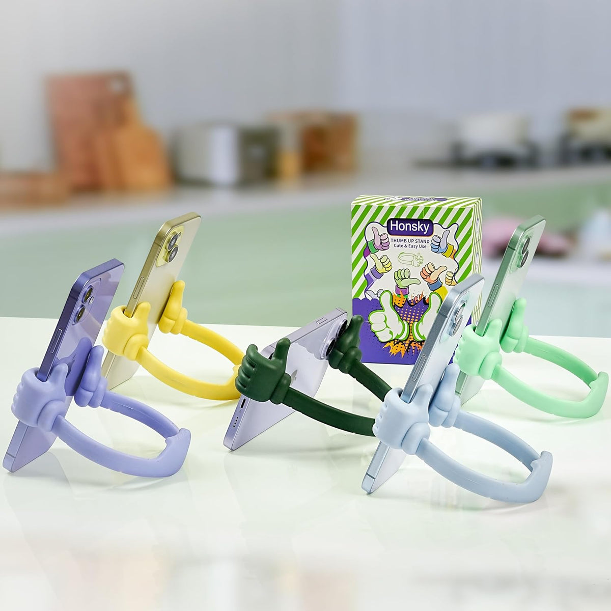 Honsky Thumbs up Cell Phone Stand Holder, Ok Stand Tablet Stand Cradle for Desk Desktop Smartphone Cellphone Mobile Phone Tablets - Universal Adjustable Flexible - Light Blue/Light Yellow