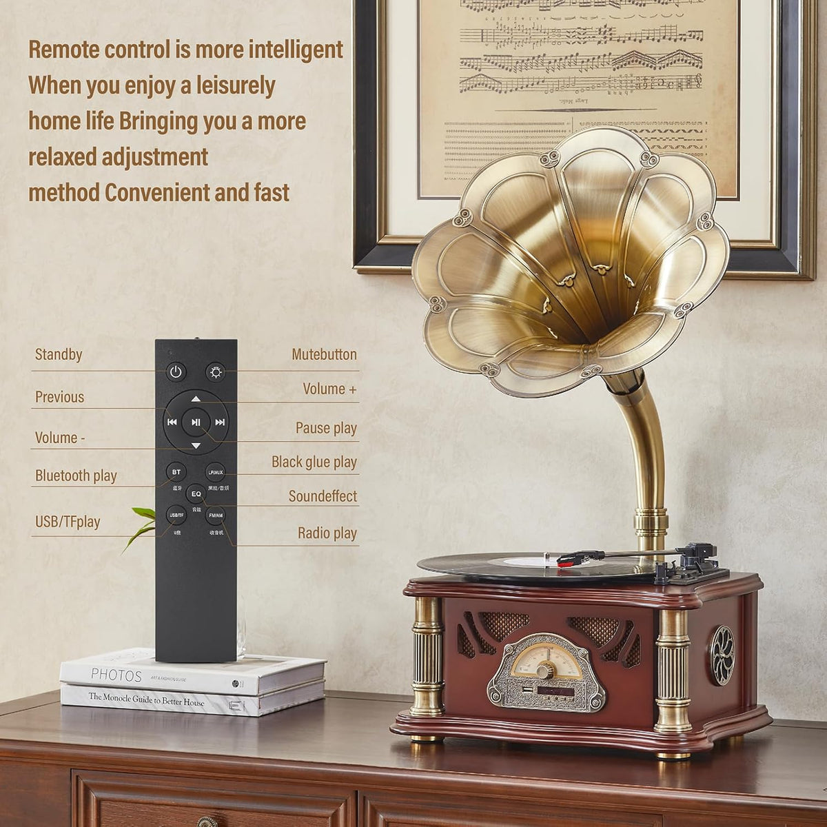 Vintage Gramophone with Bluetooth Output Vintage Record Players Retro Gramophone Turntables for 7" 9" 12" Vinyl Records 3 Speed, Hi-Fi, Handcrafted by Pure Oak (Walnut)
