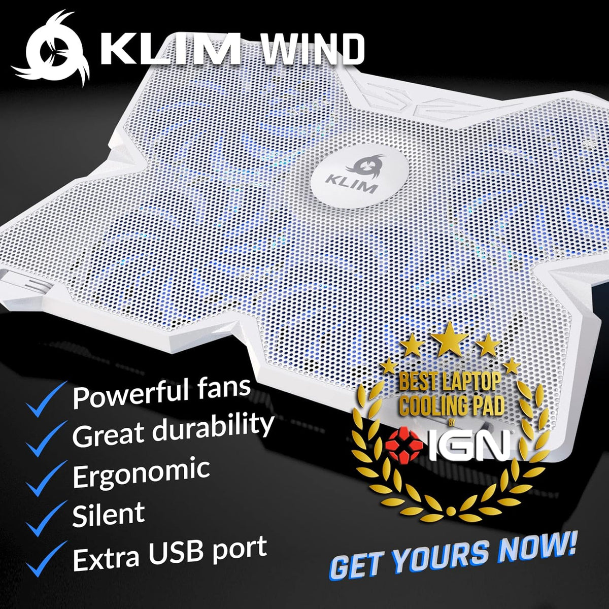 KLIM Wind Laptop Cooling Pad - More Than 500 000 Units Sold - New - The Most Powerful Rapid Action Cooling Fan - Laptop Stand with 4 Cooling Fans at 1200 RPM - USB Fan - PS5 PS4 - Full White