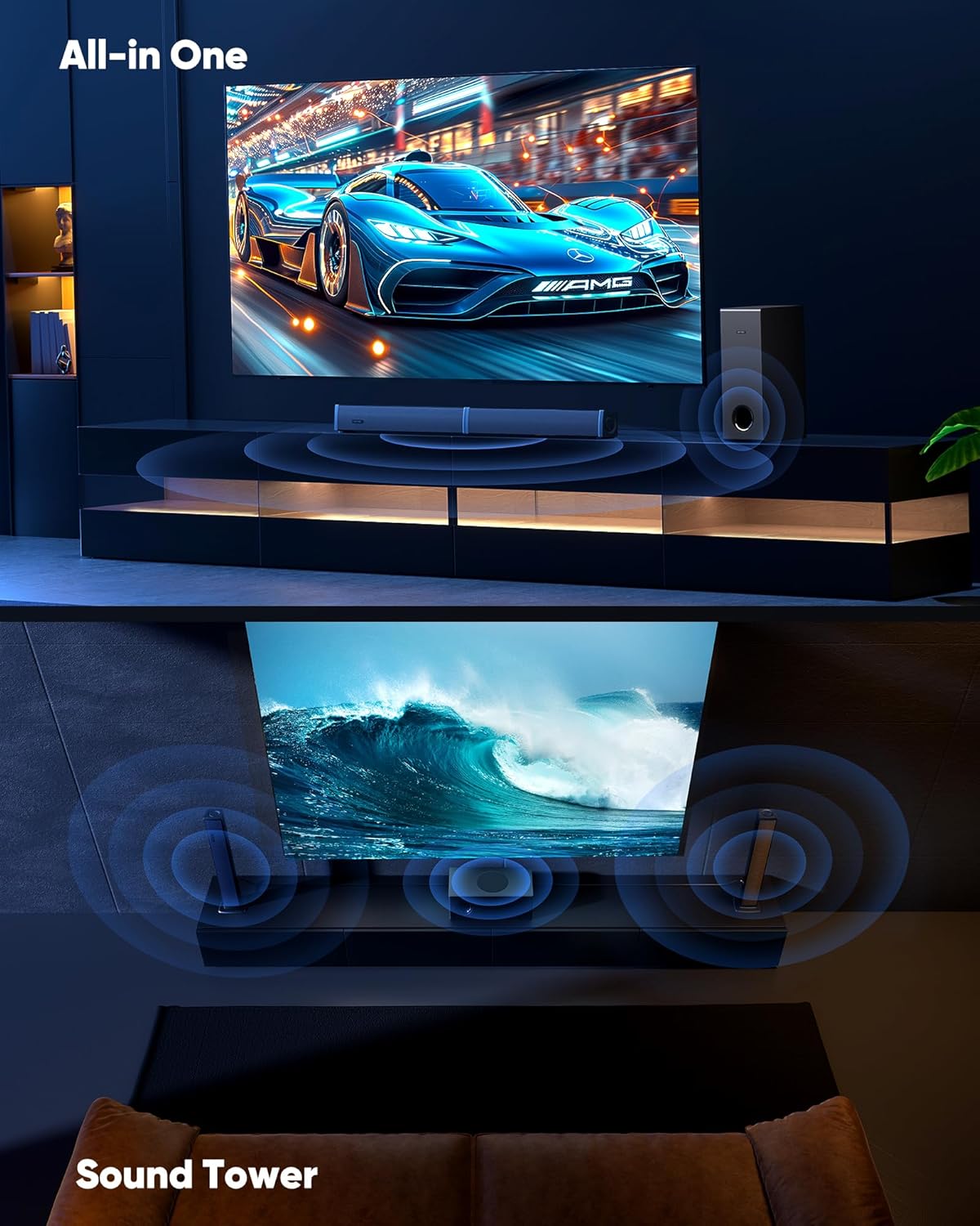 Sound Bar for Smart TV 2.1CH 190W Peak Power Soundbar with Subwoofer Detachable 2-in-1 BT 5.4 Surround Sound System 12L Deep Bass for PC Game with HD-ARC/Opt/USB/AUX Home Theater