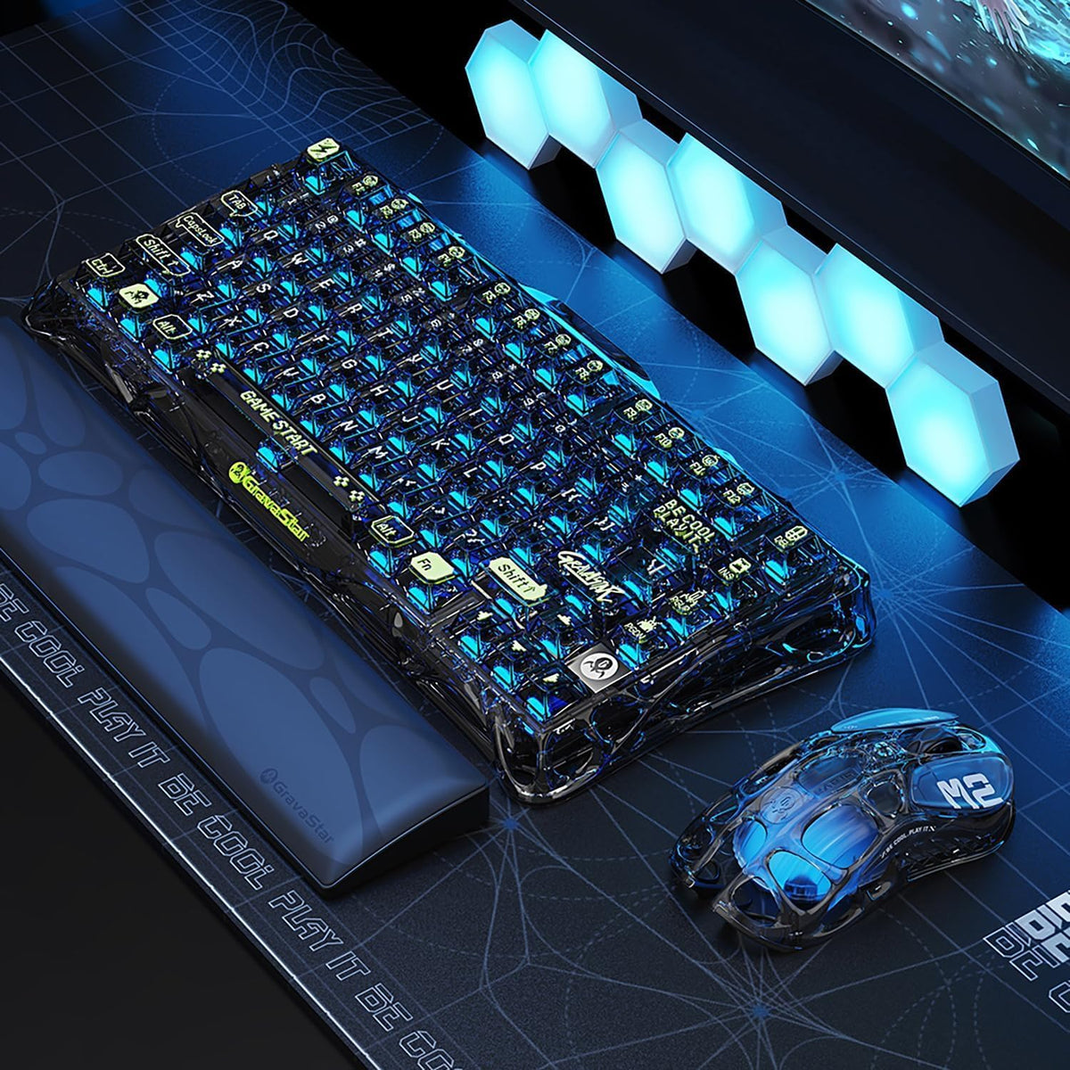 GravaStar Mercury M2 Wireless Gaming Mouse with 26,000 DPI, PAW3395DM Sensor -79g Lightweight Hollowed-Out Design -5 Programmable Buttons -5 Dynamic Lightsync RGB - Transparent Black