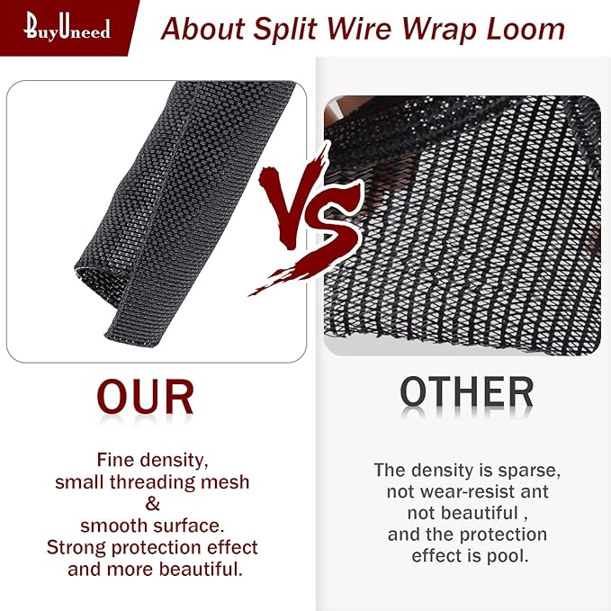 Black Braided Cable Management Sleeves 1/2"-12Ft Self-Wrapping Wire Loom