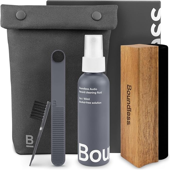 Boundless Audio Vinyl Record Cleaning Kit - 5-in-1 Vinyl Cleaning Kit Includes Velvet Record Brush, Stylus Cleaner, Cleaner Solution, Nylon Brush & Storage Bag