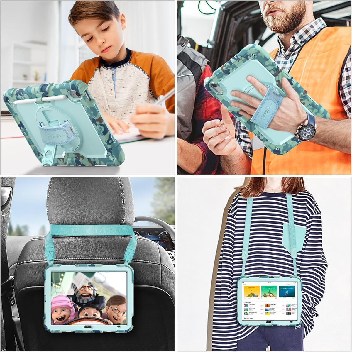 SEYMAC stock Case for iPad (A16) 11th/10th Generation 11''/10.9'' 2025/2022, Full-Body Drop Protection Case with Screen Protector &360° Rotate Hand Strap/Stand, SkyBlue Camo