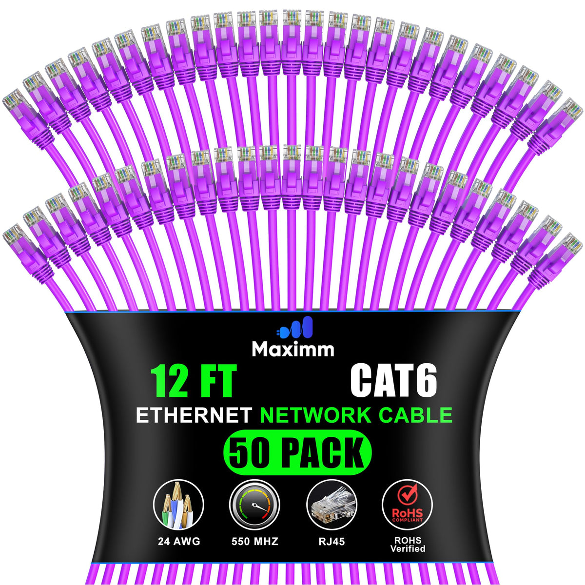 Maximm Cat 6 Ethernet Cable - 12 ft (50-Pack), High-Speed LAN, Internet, Patch, and Network Cable - UTP, 10Gbps, 550MHz Ethernet