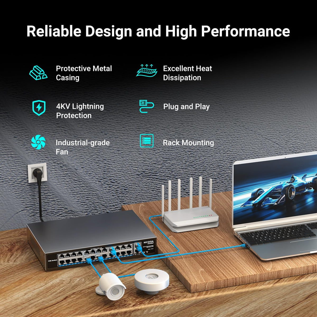 24 Port PoE Switch Unmanaged, 24 Port PoE+@400W, 2 Gigabit Uplink Ports, NICGIGA 26 Port Network Power Over Ethernet Switch, VLAN Mode, 250m Extend, 19 inch RackMount, Plug and Play.