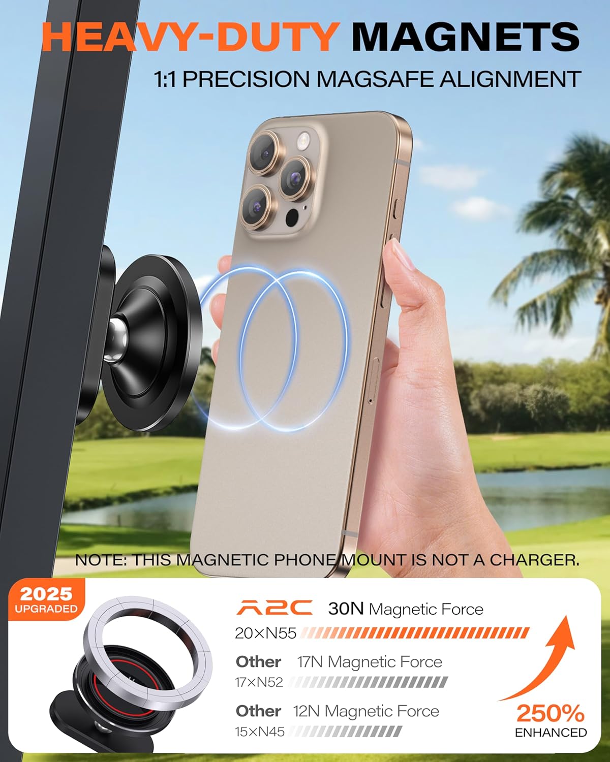 A2C Alloy Magnetic Golf Cart Phone Holder Compatible with MagSafe iPhone 16 Pro Max Plus 15 14 13 12 Mini Fits EZGO, Club Car, Yamaha, Icon, Golf Cart Accessories Essentials Gift for Men (Black)