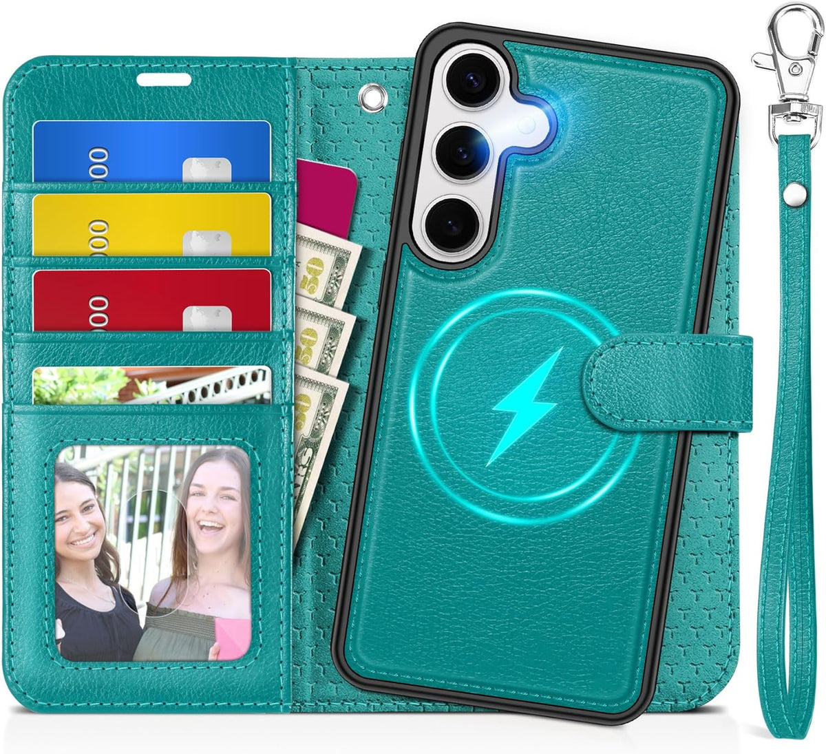 TUCCH Case for Galaxy S25, Detachable Wallet Case with [Wireless Charging] RFID Blocking 4 Card Holder, Wrist Strap Removable Stand PU Leather Flip Shockproof Phone Cover for Galaxy S25 6.2", Cyan