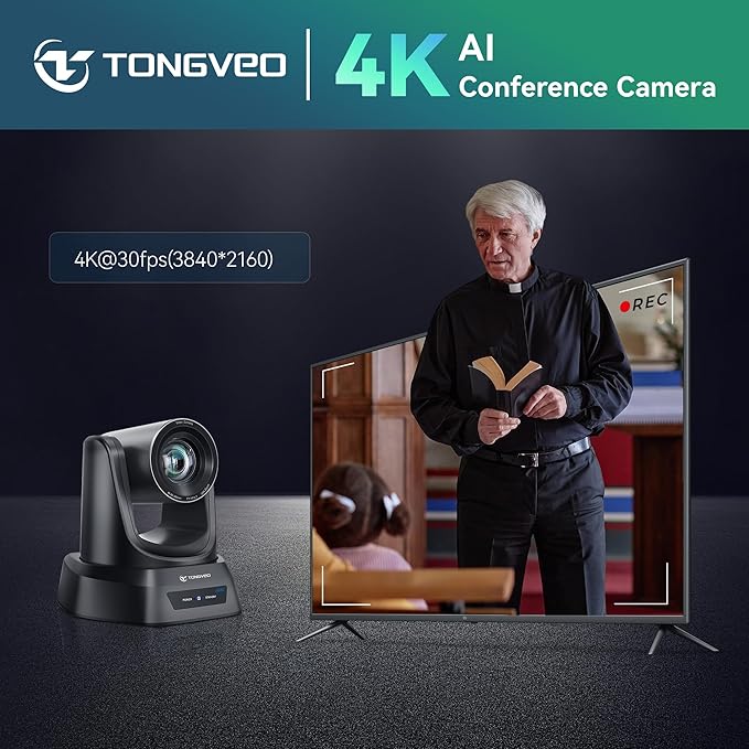 TONGVEO 4K AI PTZ Camera with Auto Tracking and 20X Optical Zoom Conference Room Webcam with HDMI/USB3.0/LAN/PoE Ideal for Church Worship Zoom Meetings Live Streaming and Education