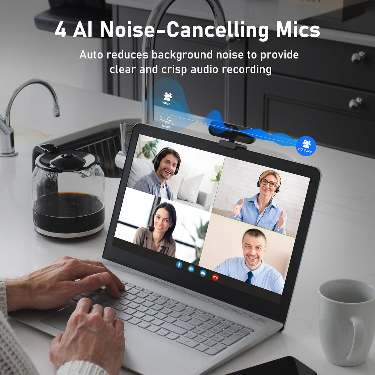 4K Webcam with Speaker and 4 AI Noise-Cancelling Mics, Wide Angle PC Cameras with Remote, Auto Focus, Privacy Cover, Tripod, Great for Computer, Zoom, Skype, Teams, Laptop, Personal Video Calling