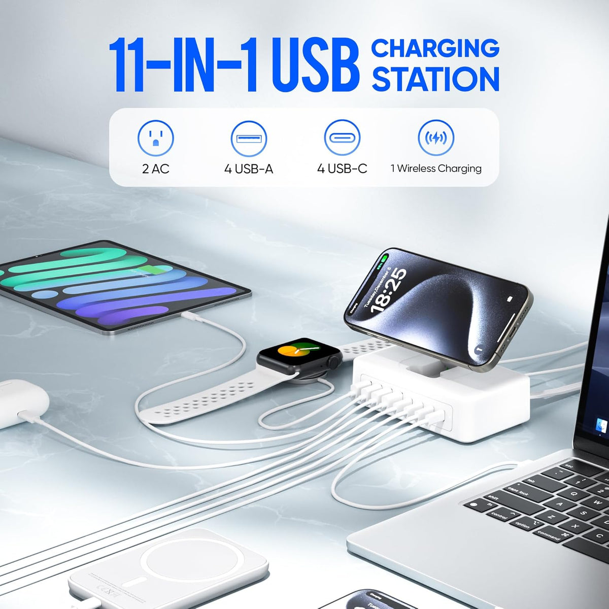160W USB Charging Station Power Strip, 11-in-1 USB C Charger Block, 2AC Outlets with 8USB Ports(4USB-C), 5FT Flat Plug Extension Cord, Fast Charging Desktop Charger for Home Office Dorm Room, White