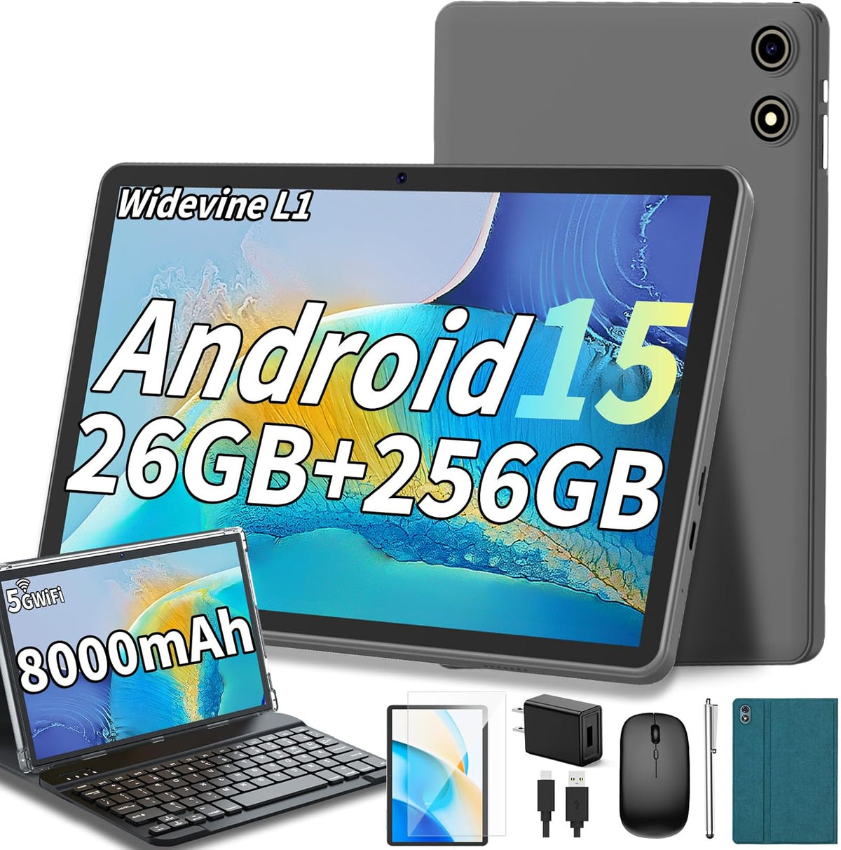 Android 15 Tablet, 26GB + 256GB (2TB Expandable), 10.1-inch Tablet with Keyboard, 8000 mAh Battery, BT 5.0, 5G WiFi, Widevine L1, 2-in-1 Tab with Mouse, Protective Case，Stylus（Green）