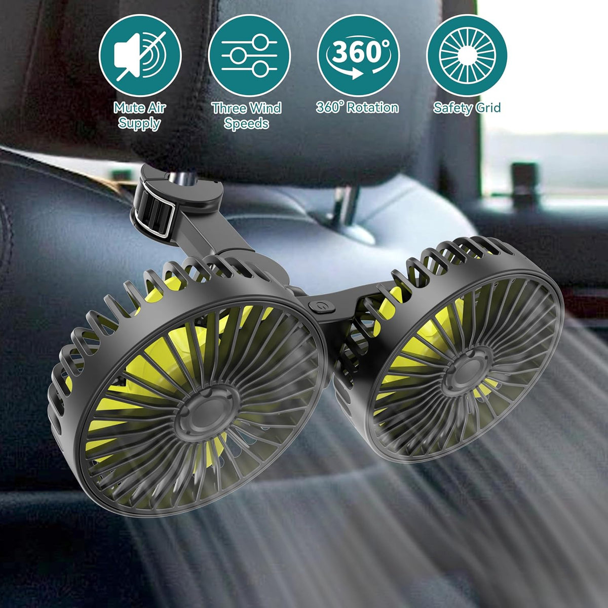 360 3 Wowok Car Fan for Rear Seat Passenger Dual Head USB Car Seat Fan for Backseat Kids, Rotatable Speeds Air