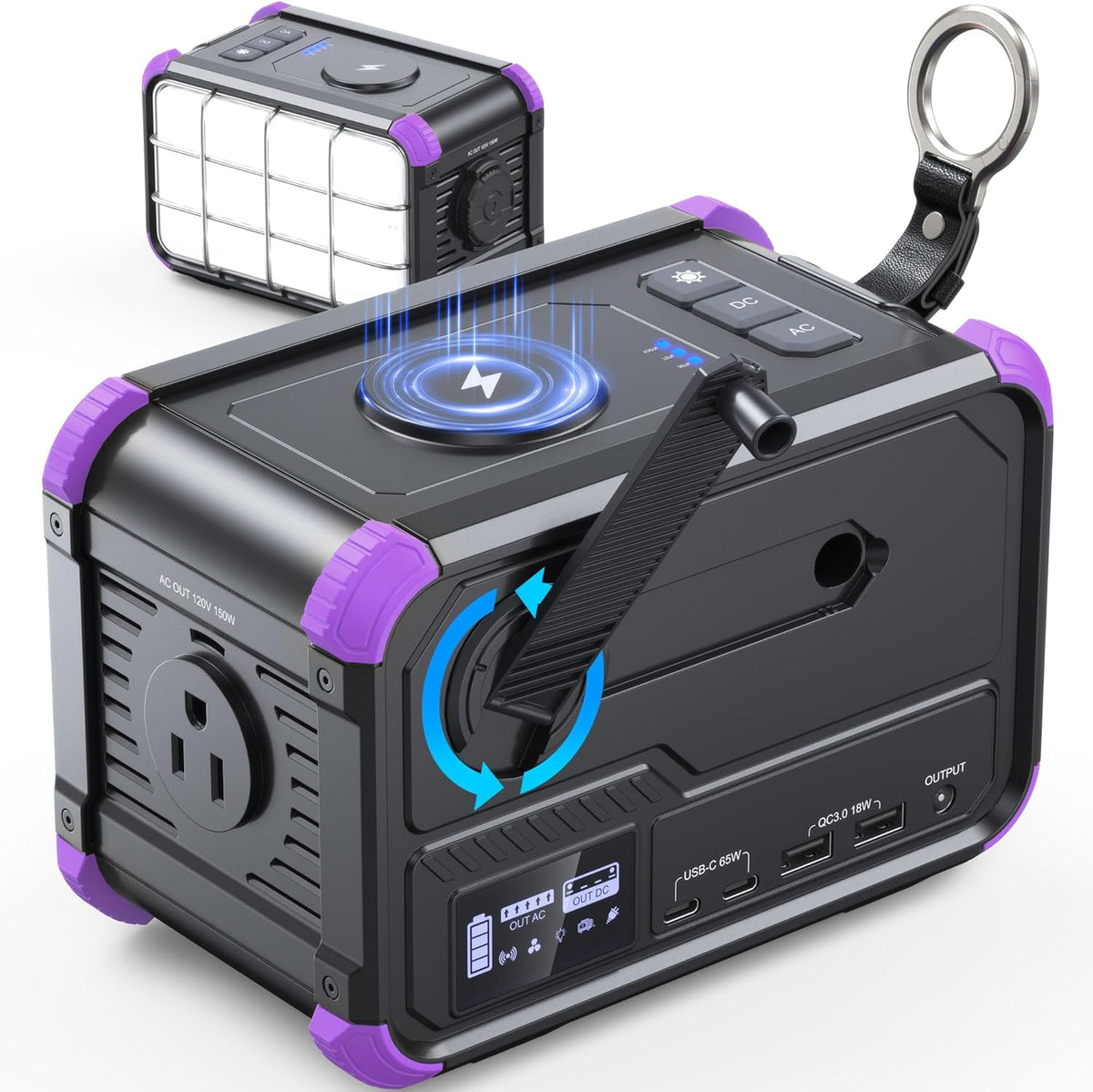 BROWEY Portable Power Station 153Wh Small Solar Generator with Hand Crank 120V 150W AC Outlet Lithium Battery Power Bank, Wireless Charging Emergency Charger for Outdoor Camping Travel Home Backup