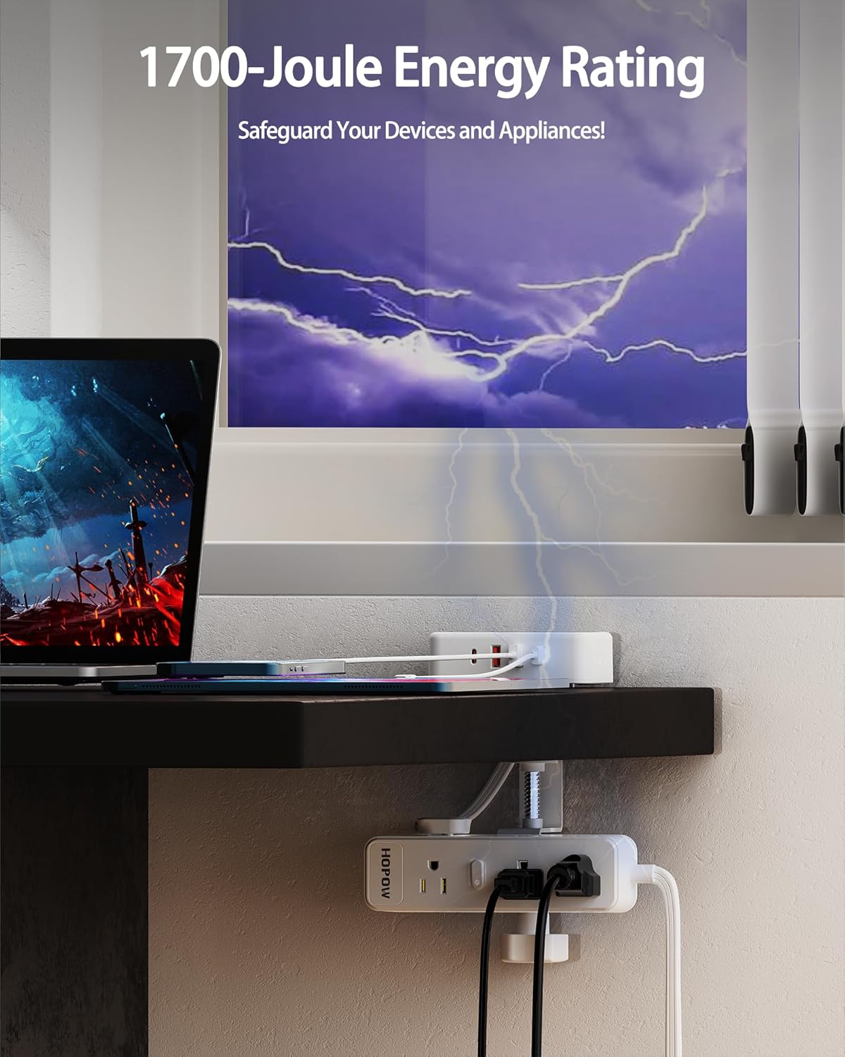 HOPOW 13 4 (2 Protector(1700 10 Dual Layer Desk Clamp Power StripWhite, Desktop Edge Mount Charging Station