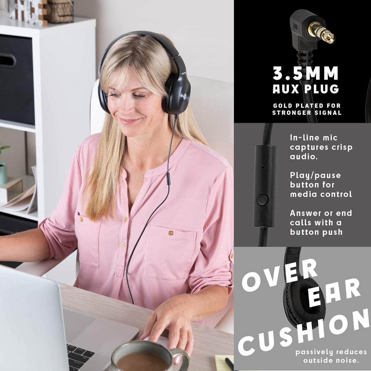 Classroom Headphones-Bulk 10-Pack, with Microphone Student On Ear Comfy Swivel Earphones for Library, School, Airplane, Kids-for Online Learning and Travel, HQ Stereo Sound 3.5mm Jack (Black)