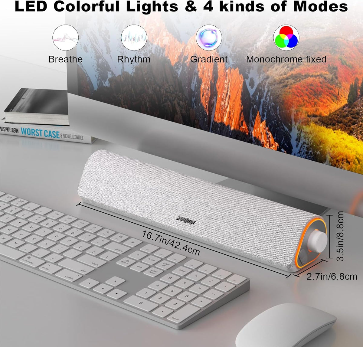 SOULION R50 Bluetooth Computer Speakers for Desktop PC Monitor White,Wired USB Powered 3.5mm Aux PC Speakers Sound Bar,4 Modes LED Lights with Switch Button,Surround Sound Soundbar for Computer