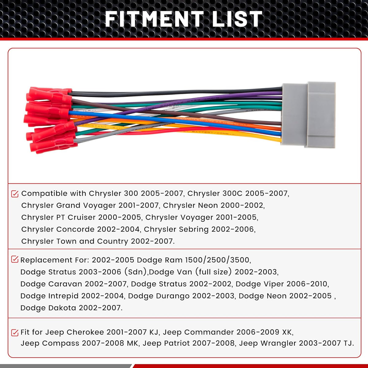 2002-2006, 2001-2007 2000-2006 RED WOLF Stereo Wiring Harness for Dodge Ram Jeep Chrysler w/Wire Connector Butt Install