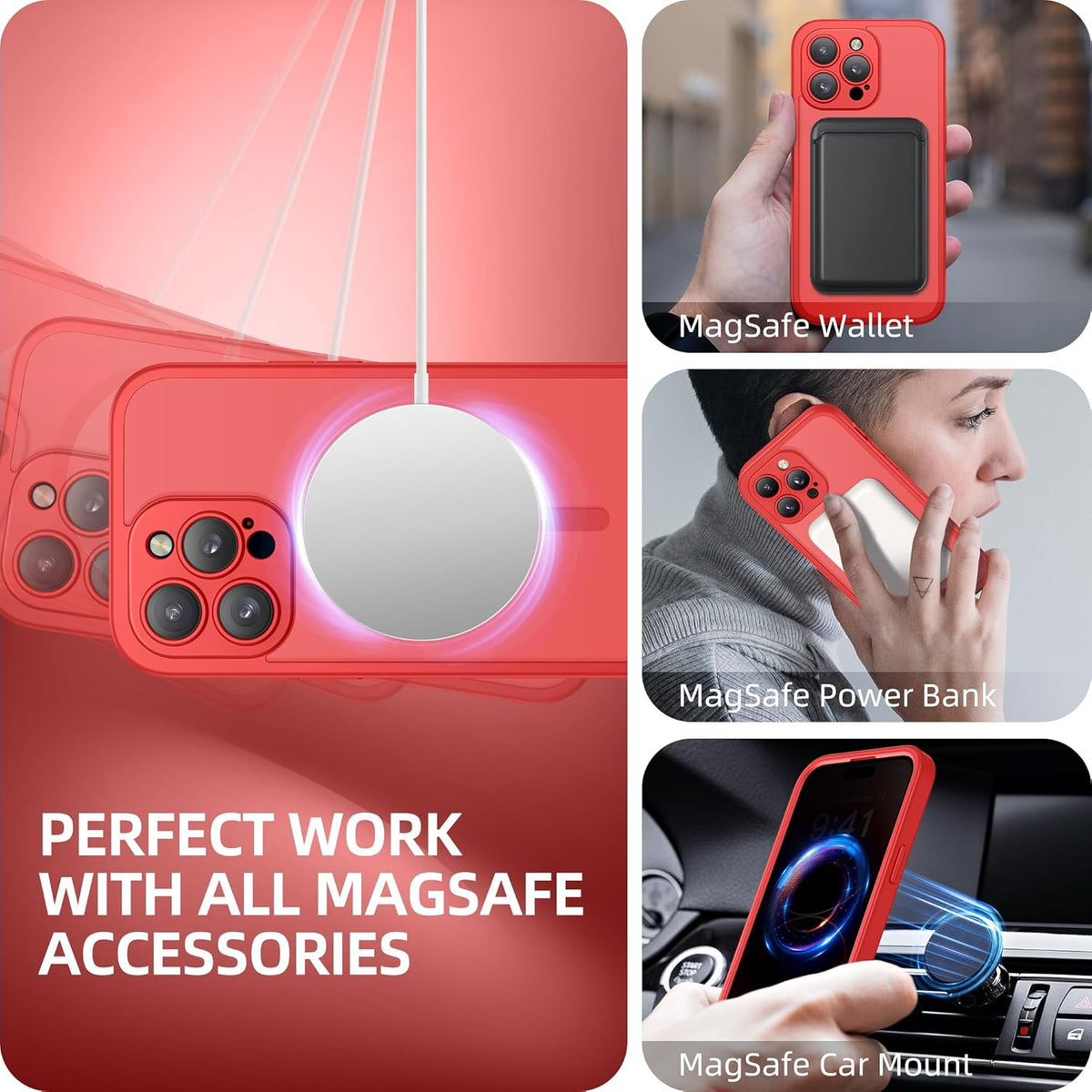 BERFY Magnetic for iPhone 14 Pro Max Case, Compatible with MagSafe, Built-in Privacy Screen Protector and Upgraded Camera Protection, Anti-Spy Full Body Shockproof Phone Case for 14 Pro Max 6.7", Red