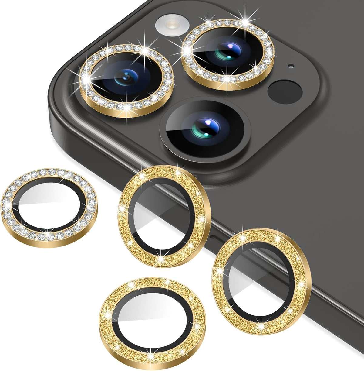 AGVEE 3+3 6 Pack for iPhone 15 Pro/Pro Max, Bling Diamond & Glitter Metal Ring 9H Tempered HD Glass Camera Protector Cover Film, Gold