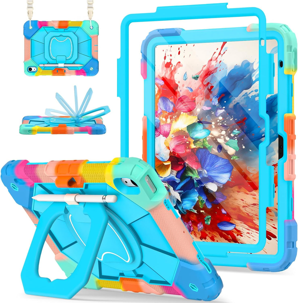 Case for iPad (A16) 11th Generation 11 Inch (2025), iPad 10th Generation Case 10.9 Inch (2022), Shockproof Cover with 360° Rotating Stand Screen Protector Pen Holder Shoulder Strap,RainbowBlue