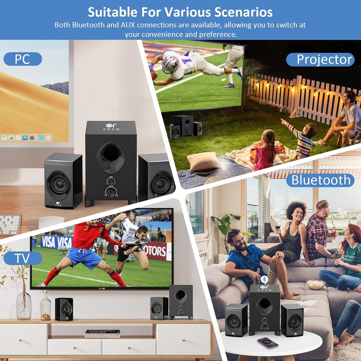 OROW Bluetooth Computer Speakers,PC Speaker with Subwoofer,Front Knob 18W Wireless PC Speakers,Support AUX&Bluetooth Play,Great for Party/Game/TV (S213)