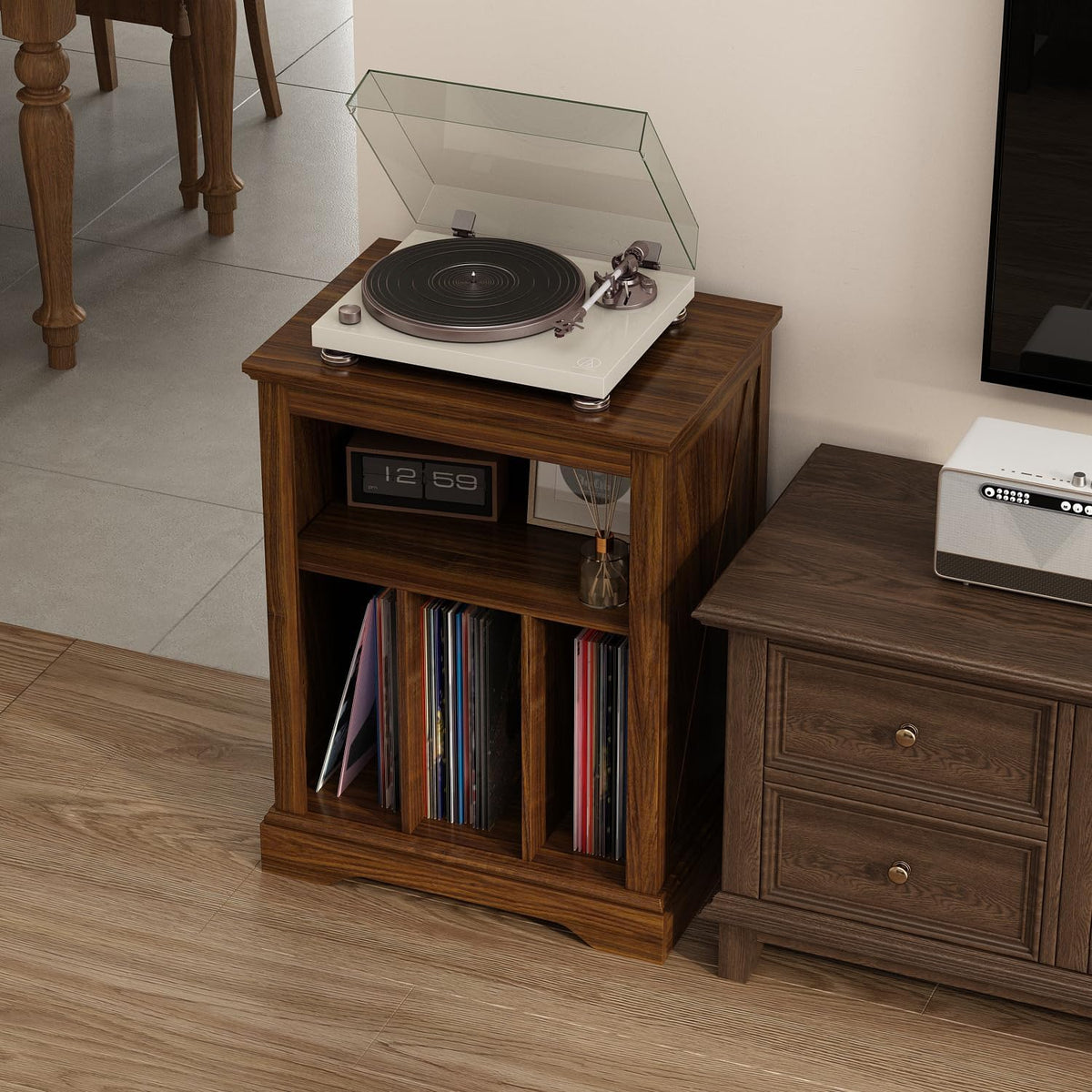 Farmhouse Record Player Stand, 3 Tier End Table, Turntable Stand with Vinyl Record Storage ,Wood Record Holder Cabinet Dispaly Shelf for Living Room,Bedroom,Rustic Brown