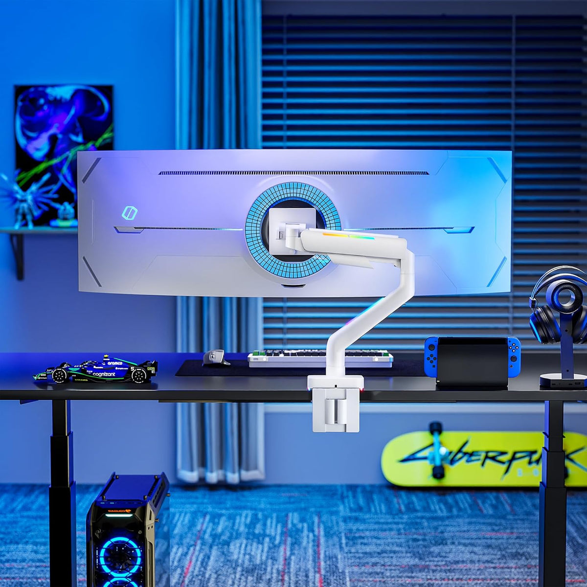 Ultrawide Monitor arm for 17-49'' Heavy Duty Screen up to 44lbs, Gas Spring Single Monitor Arm with RGB Light, Adjustable Gaming Computer Monitor Arm for Desk, White
