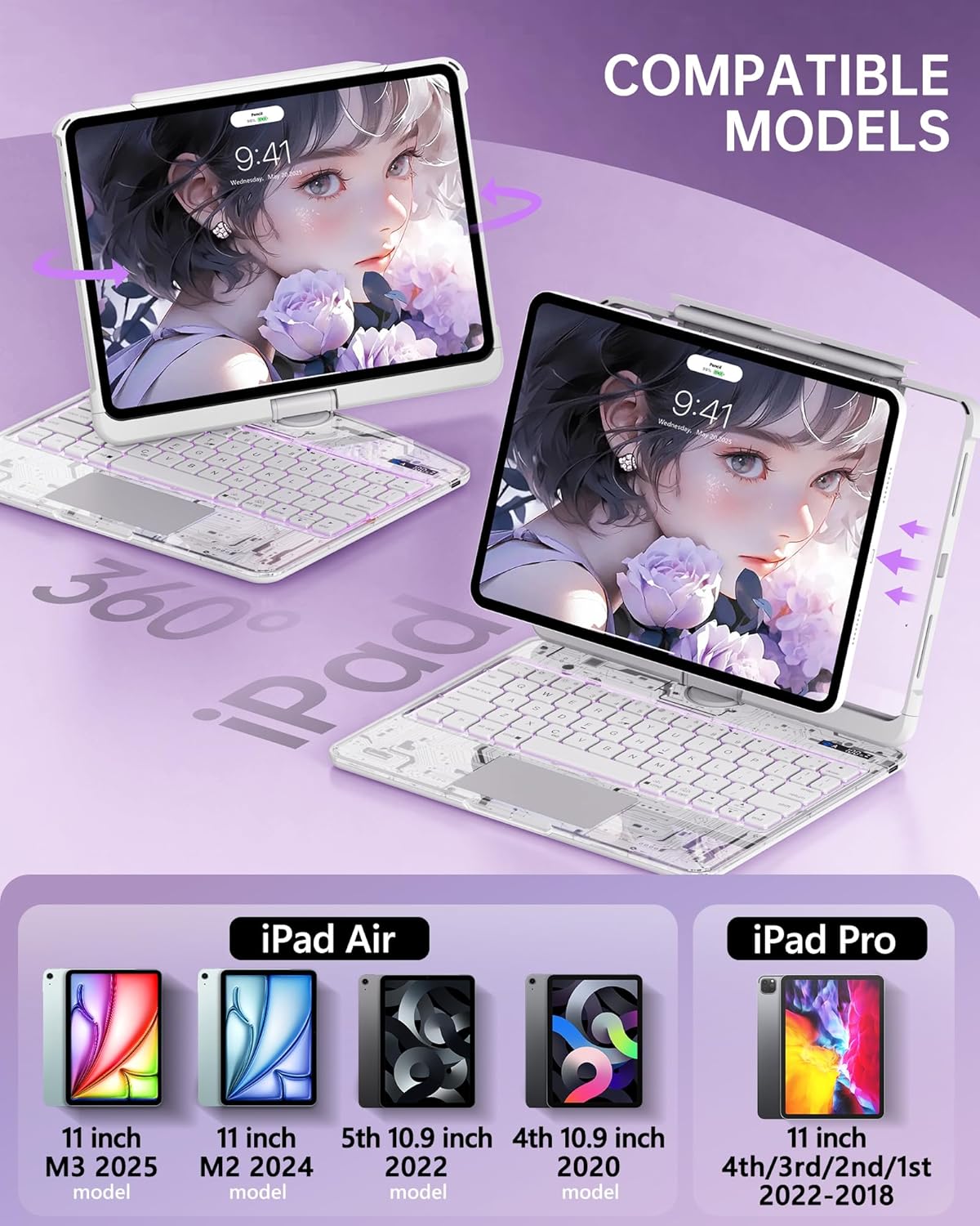 Intermerge Clear Keyboard Case for iPad Air 11" (M3/M2, 2025/2024), Air 5th/4th, Pro 11" 2022-2018, 360° Swivel Multi-Touch Trackpad, 7-Color Backlit, Pencil Holder, Type-C, Frost Pulse