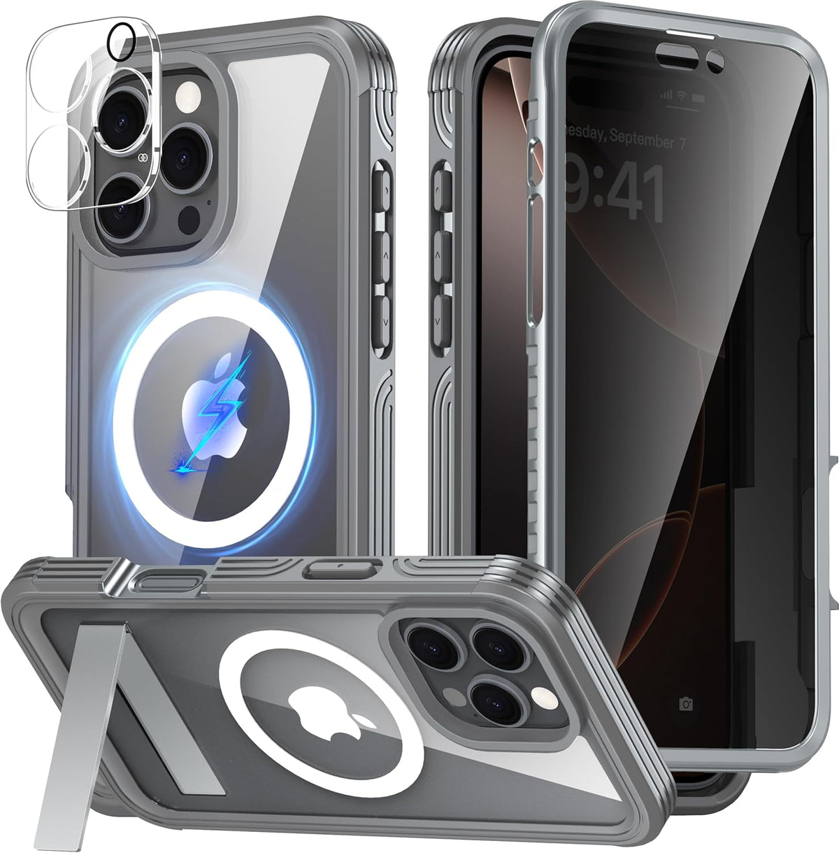 Magnetic & Stand for iPhone 16 Pro Max Case Built-in Privacy Screen Protector[360° Full Body Protection][Fit for Magsafe][Lens Protector] Heavy Duty Shockproof Case for iPhone 16 Pro Max Gray