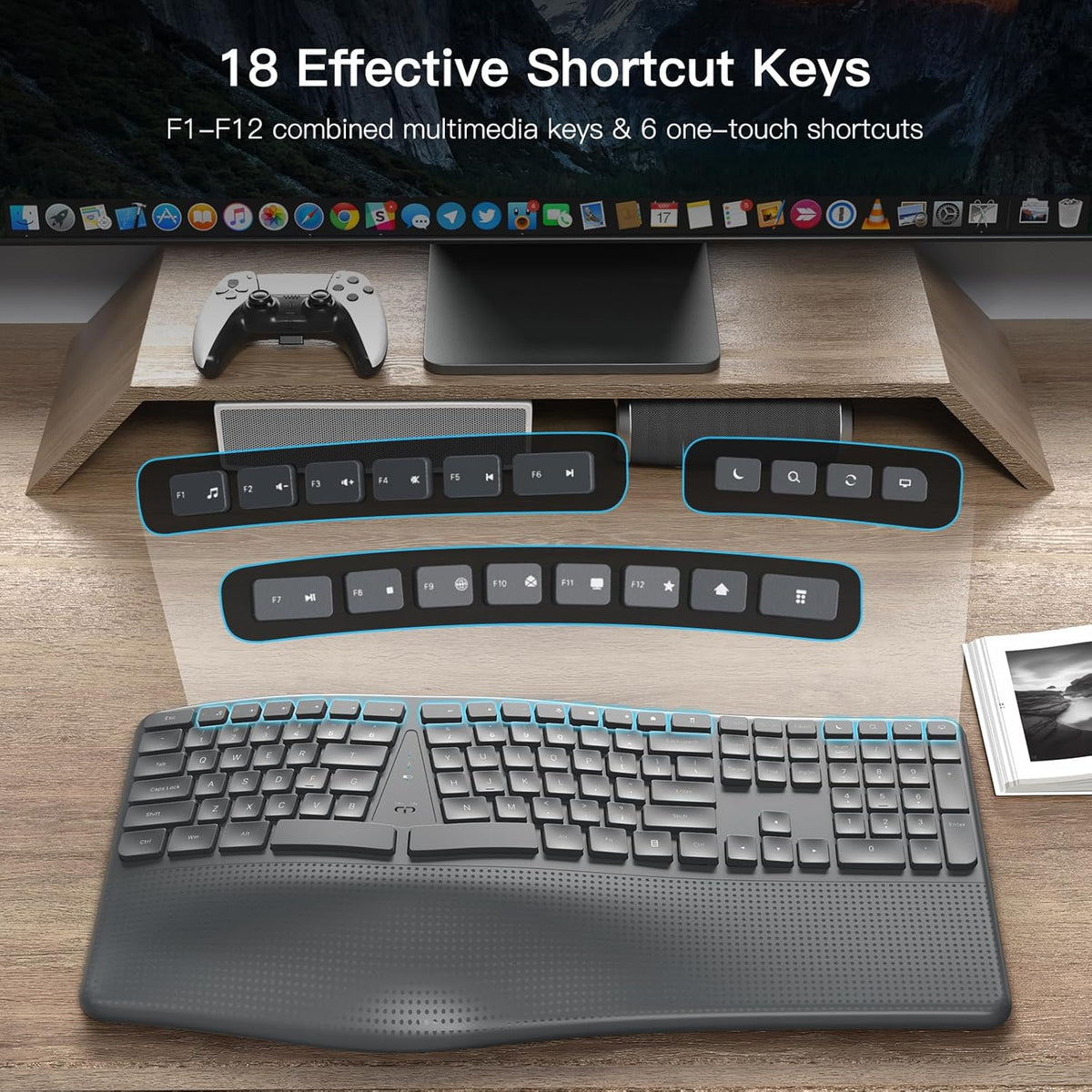 Ergonomic Wireless Keyboard with Wrist Rest, 2.4G Full Size Split Ergo Keyboard with Wave Keys, Comfortable Natural Typing for Windows Computer Desktop Laptop