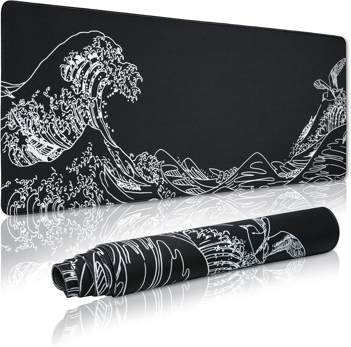 Large Gaming Mouse Pad for Desk,Kanagawa XXL Mouse Pad 35.4x15.7 Inch,Waterproof Desk Pad,Non-Slip Rubber Base Mice Pad,Keyboard Pad Computer Mat,Black Mouse pad
