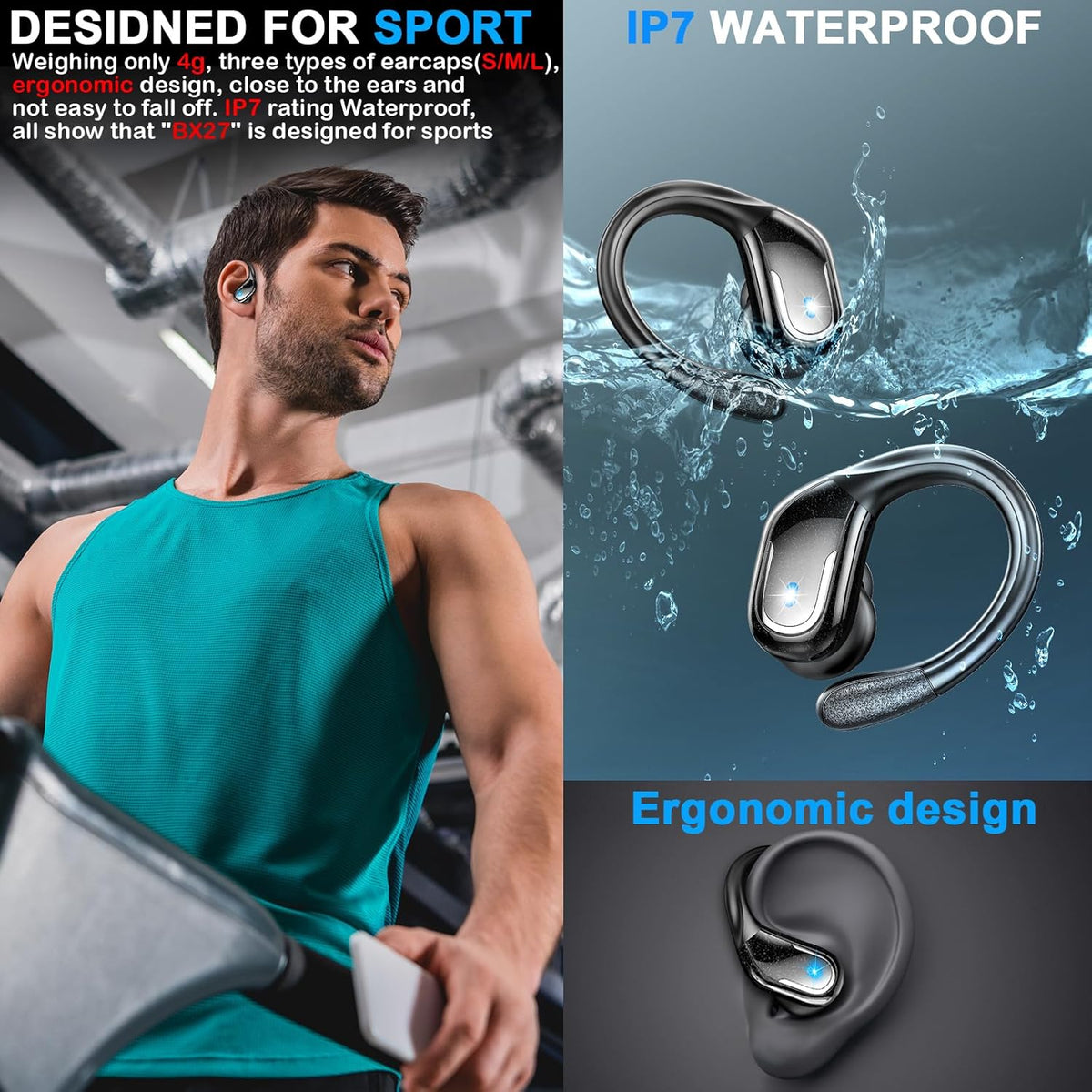 Wireless Earbud, 75Hrs Bluetooth 5.4 Headphones IP7 Waterproof for Sport, Running Wireless Earphones with ENC Noise Cancelling Mics, Deep Bass Over Ear bud with Earhooks for Android, iOS, Workout, Gym