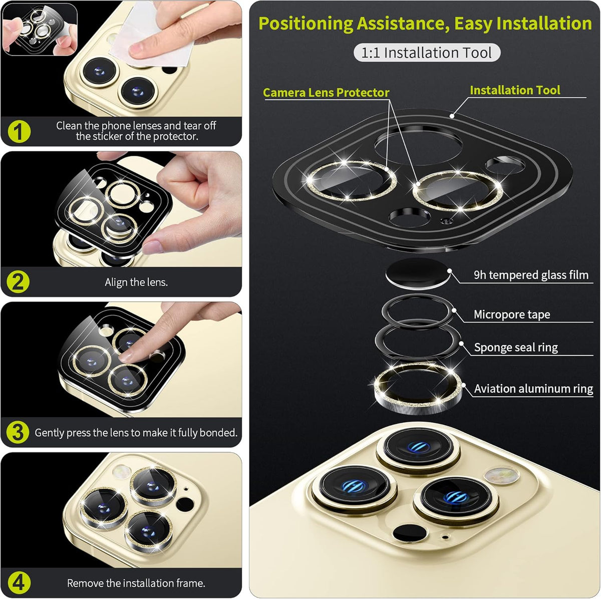 WSKEN [Gold Glitter] for iPhone 14 Pro/iPhone 14 Pro Max Camera Lens Protector,[Night Shooting Mode] HD Tempered Metal Glass Camera Screen Protector Cover Film Accessories