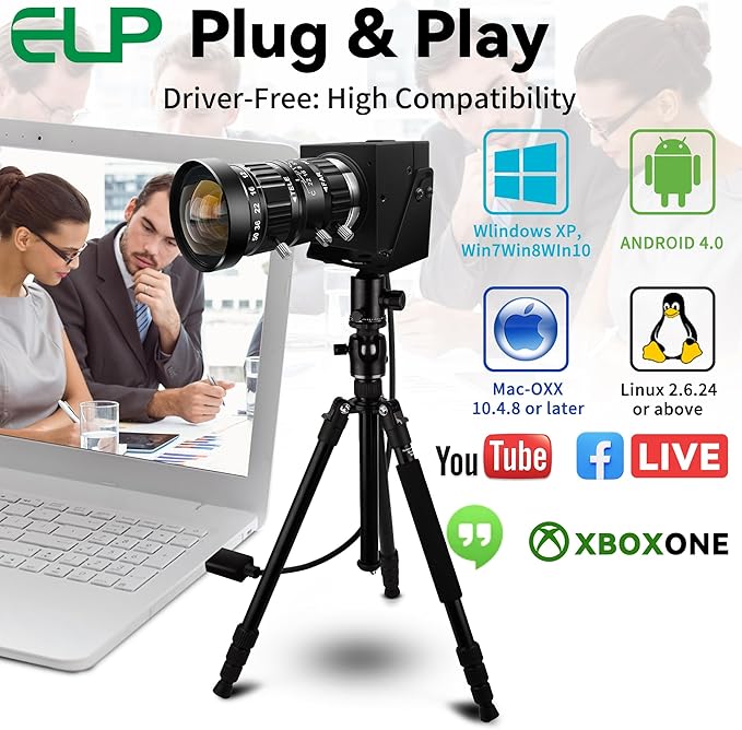 ELP 5-50mm 10X USB Zoom Camera 12mp Manual Zoom Webcam for Computer 1080P 120fps Variable Focus Lightburn Camera High Speed USB2.0 PC Cam Varifocal USB Security Webcamera for Video Conference