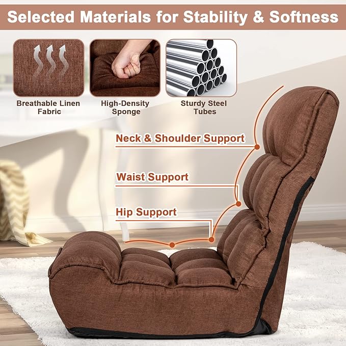 MAT EXPERT Folding Floor Chair Floor Gaming Chair w/ 4-Position Backrest 5-Position Adjustable Headrest Side Pocket Indoor Floor Chair w/Back Support for Bedroom Living Room (Coffee)