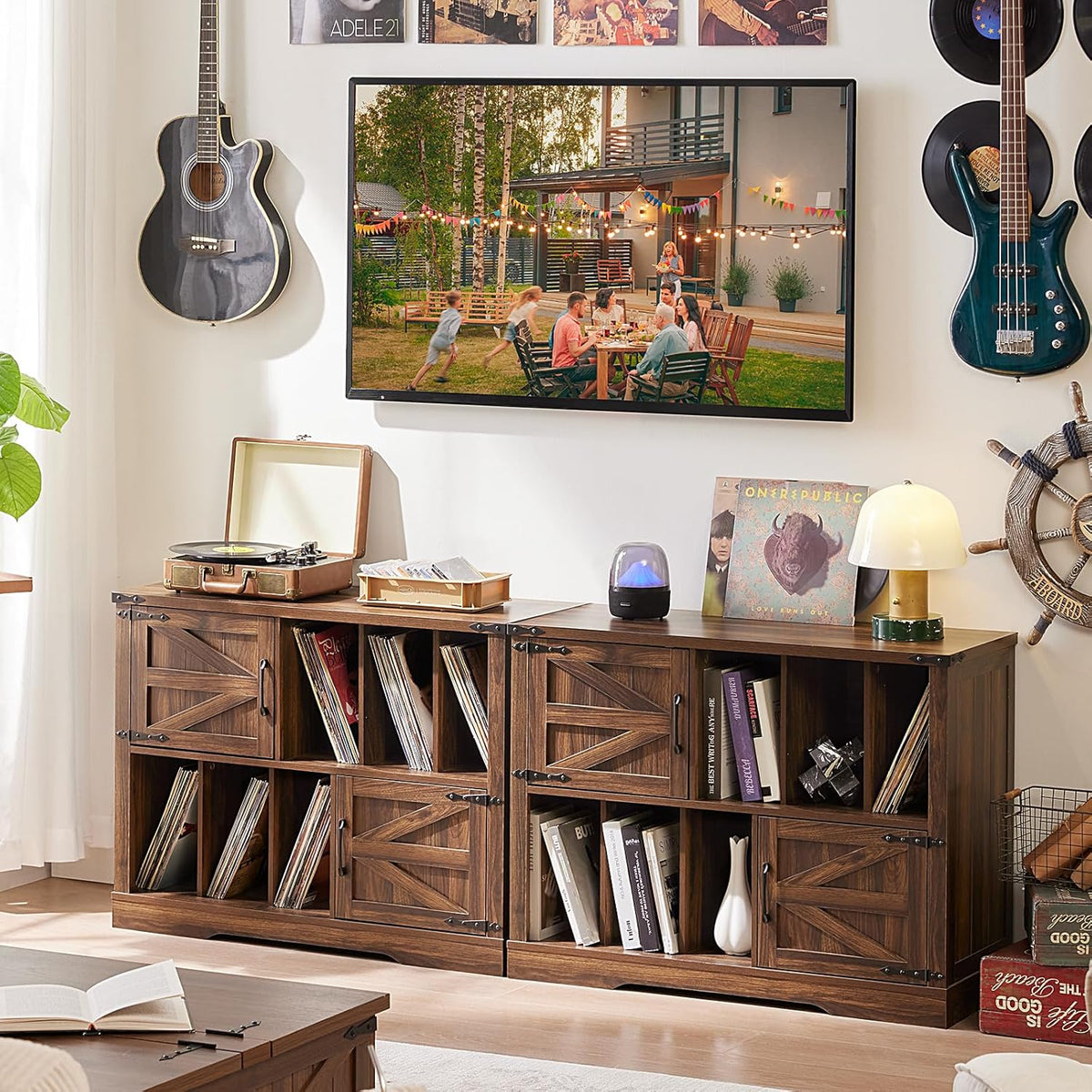 Large Record Player Stand with Vinyl Storage Up to 450 Albums, 39 Inch Farmhouse Brown Walnut Storage Cabinet with Barn Doors, Wood Vintage Mid-Century Turntable Stand for Bedroom, Living Room