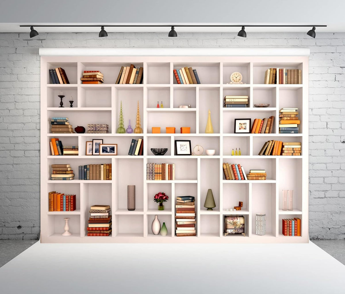 BELECO 5x3ft Fabric Modern White Bookshelf Photography Backdrop Books Office Bookcase Background Poster Home Office