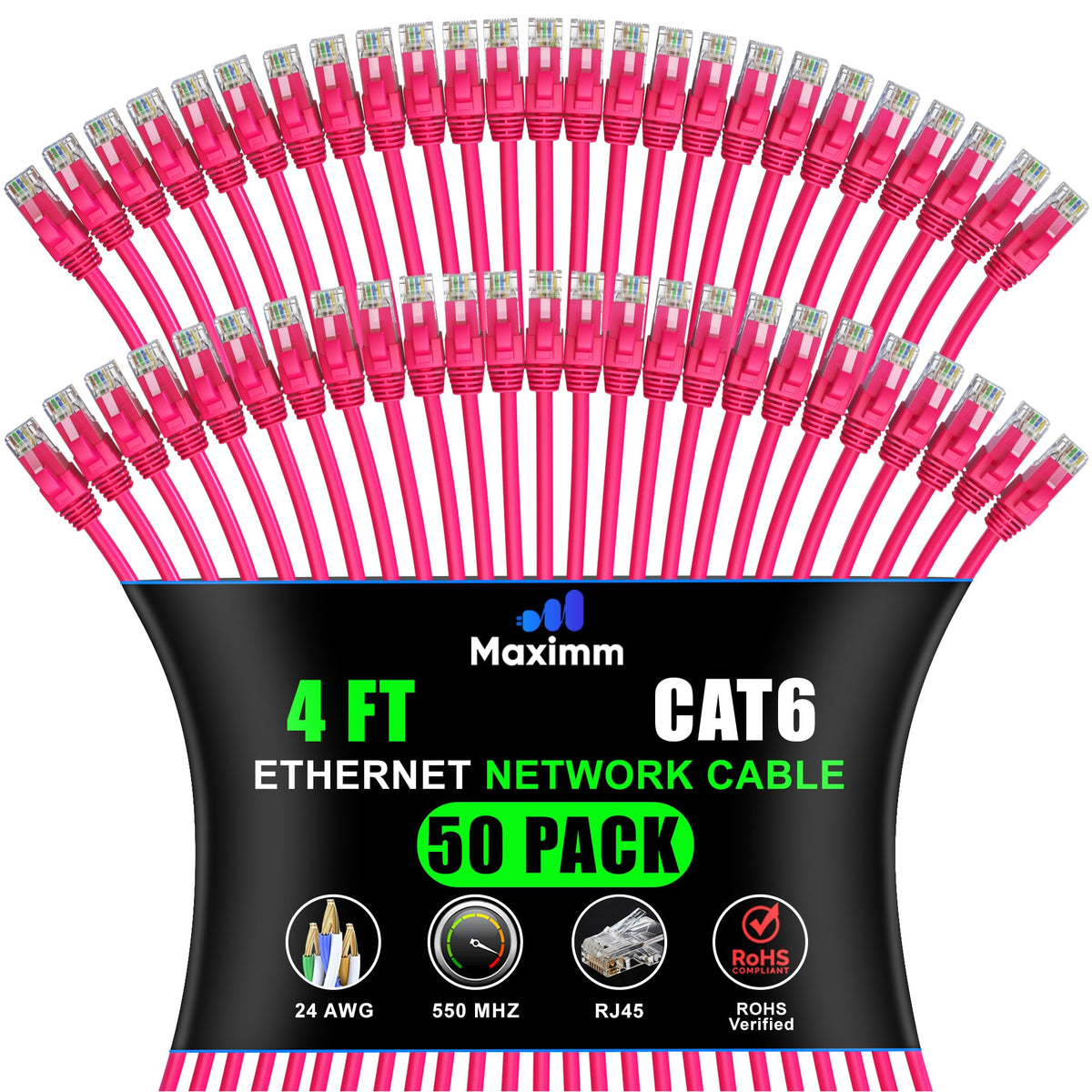Maximm Cat 6 Ethernet Cable 4 Ft (50-Pack) - High-Speed LAN, Internet, Patch, and Network Cord - UTP, 10Gbps, 550MHz - Pink
