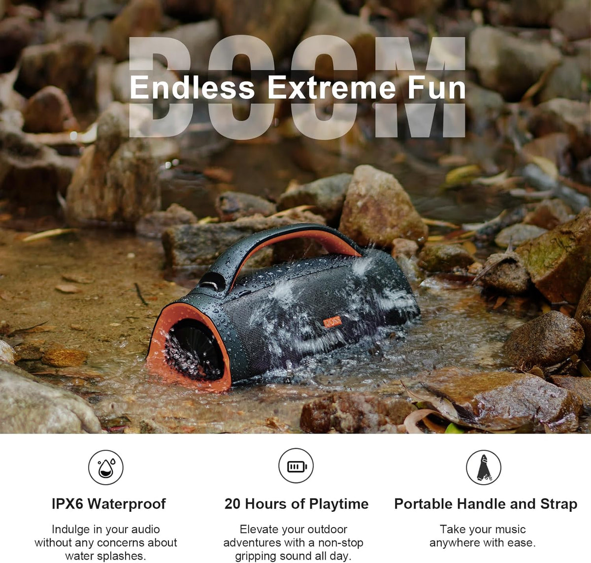 DOSS Extreme Boom+ Outdoor Bluetooth Speaker with 100W Stereo Sound, Extra Bass, 20H Playtime, Party-Sync LED Lights, Built-in Power Bank, IPX6 Waterproof Speaker for Camping, Pool, Beach, Yard