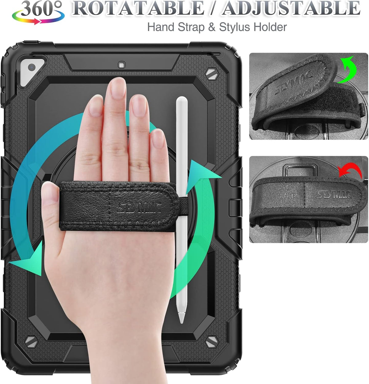 SEYMAC stock Case for iPad Air 3 2019 / Pro 10.5'' with Screen Protector Pen Holder [360° Rotate Hand Strap/Stand], Drop-Proof Case (Black)