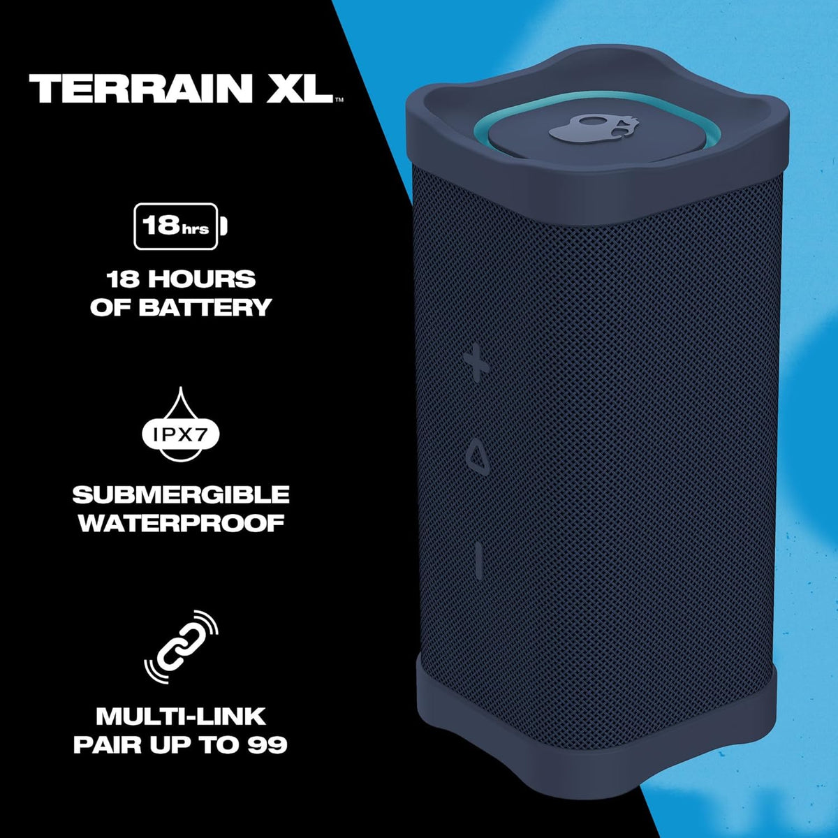 Skullcandy Terrain XL Wireless Bluetooth Speaker - IPX7 Waterproof Portable Speaker, 18 Hour Battery, Nylon Wrist Wrap, True Wireless Stereo (Navy)