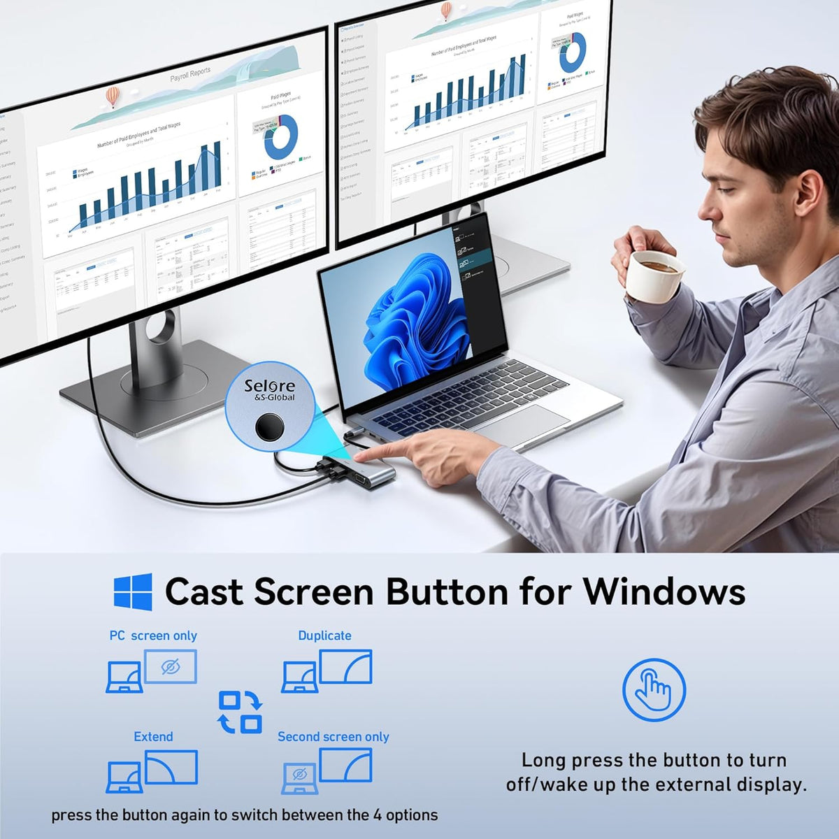 Selore USB C Docking Station 3 Monitors, USB C to Dual HDMI VGA Adapter with One-Touch Multi-Screen Switch and Screen On/Off Button, HDMI Splitter Converter for Dell, HP, Lenovo,MacBook Pro/Air, etc
