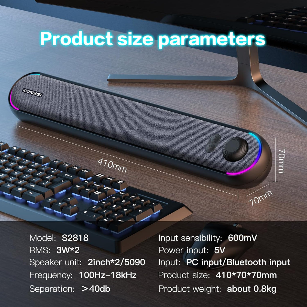 ICOREBEI Desktop computer speaker, soundbar, compatible with Mac, desktop, laptop, tablet, monitor, PC, and mobile
